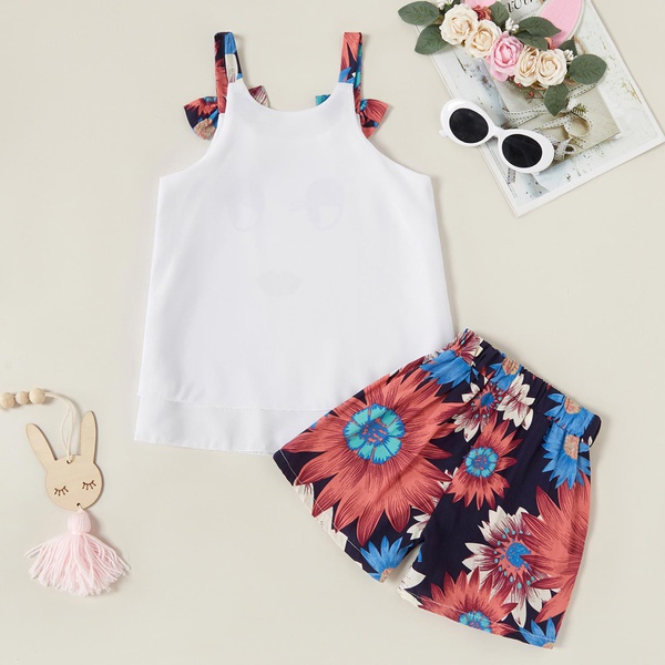 2-piece Trendy Cartoon Print Tank and Flower Shorts Set