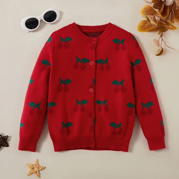 Fashionable Cherry Print Allover Sweatshirt Cardigan