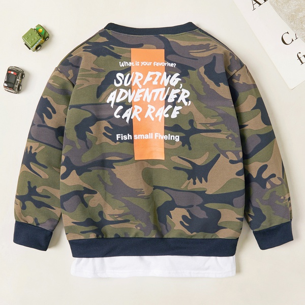 Stylish Camouflage Back Letter Print Faux-two Sweatshirt