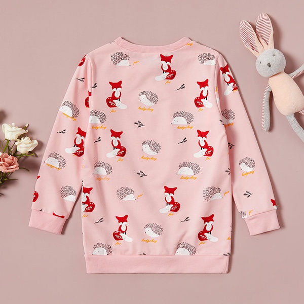 Autumn Girl’s Print Fox and Hedgehog Round-collar Long-sleeve Pullover