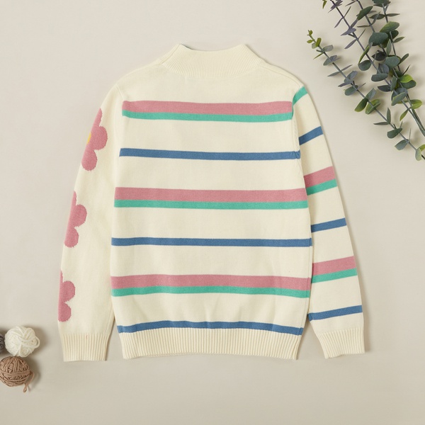 Trendy Letter Flower Striped Knitted Sweater