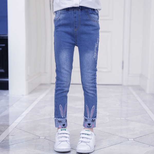Cute Rabbit Embroidered Jeans in Blue