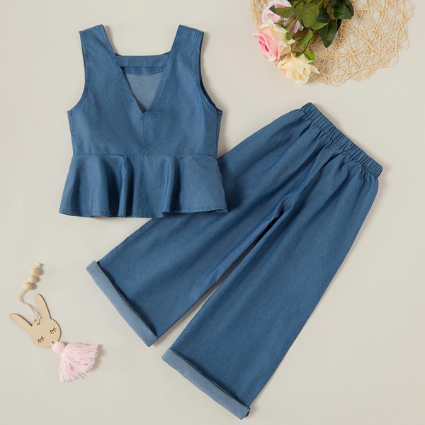 2-piece Fashionable Solid Ruffled Tank and Wide-leg Pants Set
