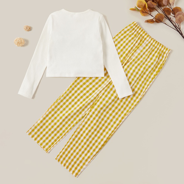2-piece Stylish Solid Top and Plaid Pants Set