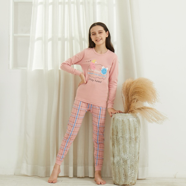 Casual Cartoon Print Top and Plaid Pants Set