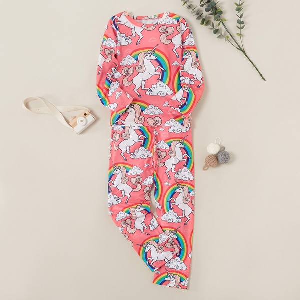 Fashionable Unicorn Rainbow Print Allover Long-sleeve Tee and Pants