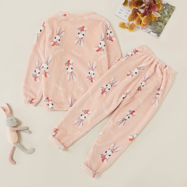 Pretty Rabbit Print Allover Flannel Long-sleeve Sweatshirt and Pants Set