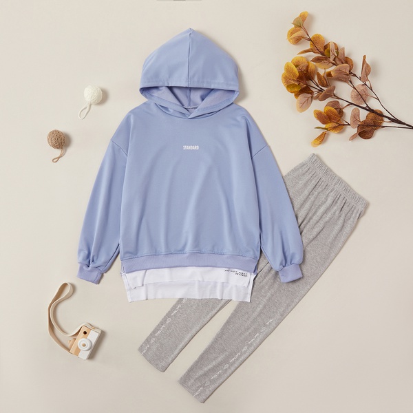 Sporty Solid Faux-two Hooded Sweatshirt and Pants Sets