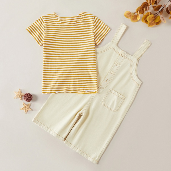 2-piece Casual Striped Top and Solid Denim Suspender Pants Set