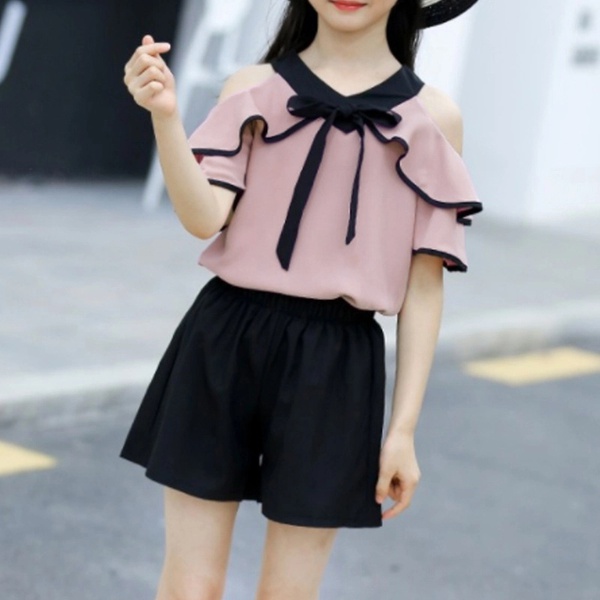 Beautiful Ruffled Cold Shoulder Blouse and Shorts Set