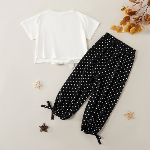 Stylish Solid Tee and Polka Dots Print Pants Set
