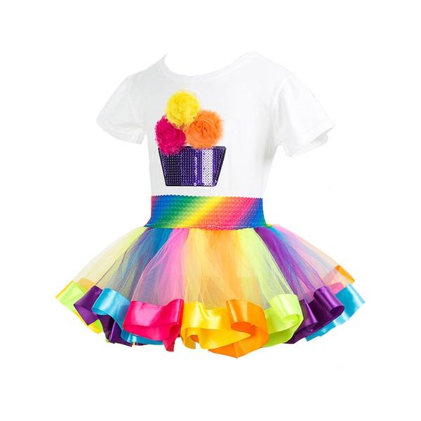 2-piece 3D Floral Decor Birthday Tee and Rainbow Tutu Skirt for Girls