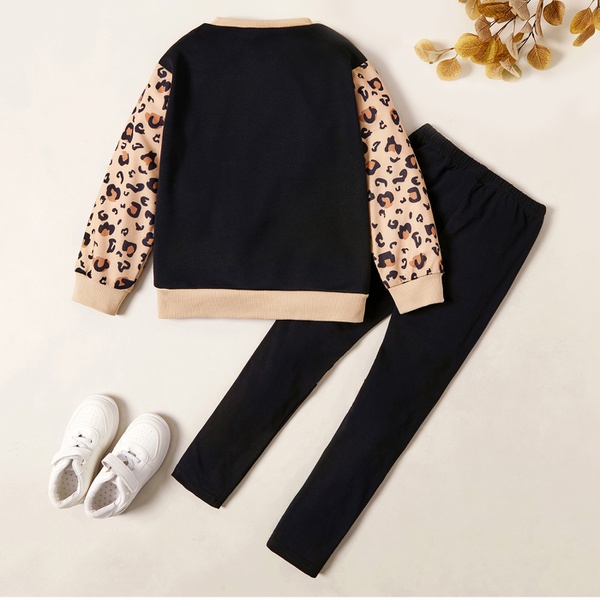 Stylish Letter Leopard Print Front-pocket Sweatshirt and Pants Set