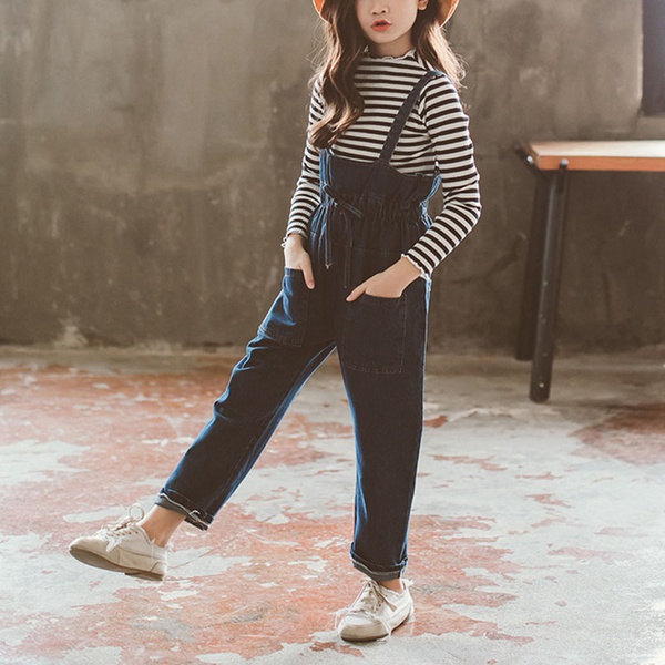 Girl’s Summer Striped Long-sleeve Top and Cowboy Overalls Set