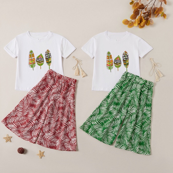 Casual Leaf Print Top and Wide-leg Pants Sets