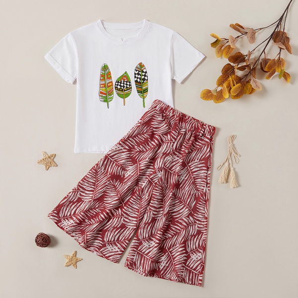 Casual Leaf Print Top and Wide-leg Pants Sets