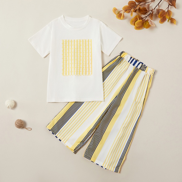 Pretty Plaid Print Tee and Striped Pants Sets