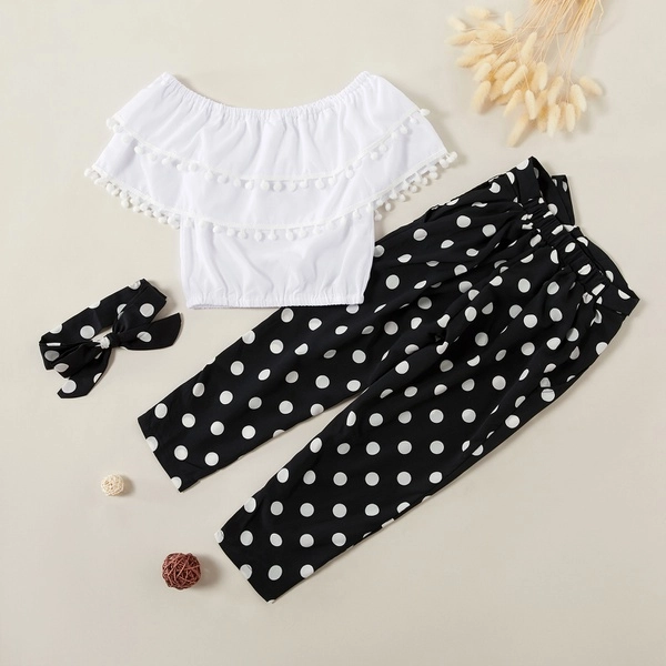 Fashionable Ruffle Collar Top and Polka Dots Pants Set