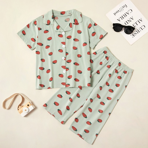 Fashionable Strawberry Print Allover Lapel Collar Tee and Pants Set