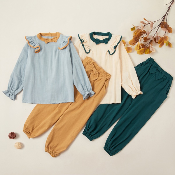 Fashionable Bowknot Ruffled Blouse and Solid Pants Sets