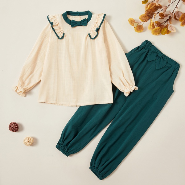 Fashionable Bowknot Ruffled Blouse and Solid Pants Sets