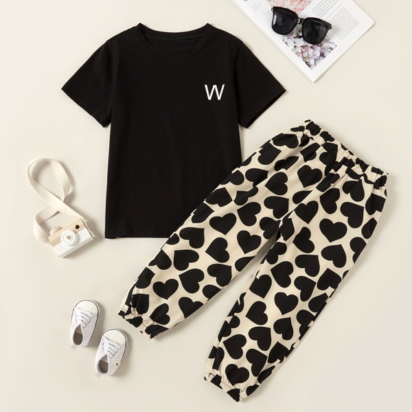 Fashionable Solid Tee and Love Print Allover Pants