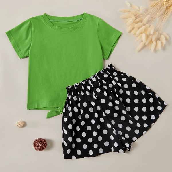 Trendy Solid Tee and Polka Dots Skirt Sets
