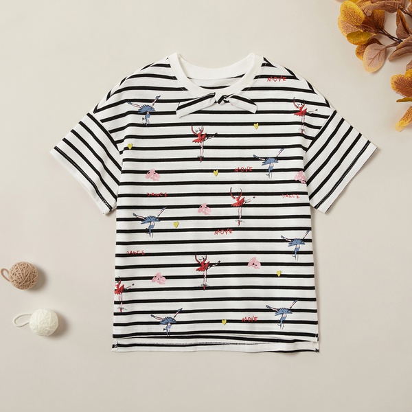 Fashionable Striped Ballet Girl Short-sleeve Tee