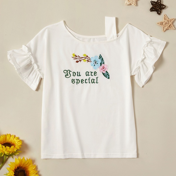 Beautiful Flower Letter Embroidered Flare-sleeve Strappy Tee