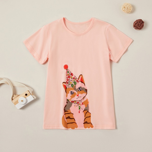 Stylish Flower Cartoon Cat Print Tee