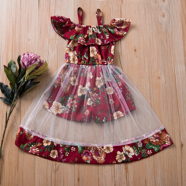 Toddler Girl Pretty Floral Print Splice Tulle Jumpsuit