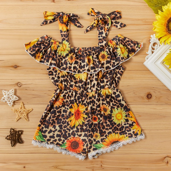 Baby / Toddler Girl Trendy Leopard and Sunflower Print Halter Lace Onesies
