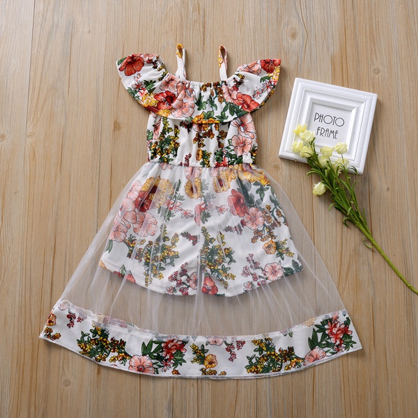 Baby / Toddler Girl Pretty Floral Allover Off Shoulder Tulle Jumpsuit