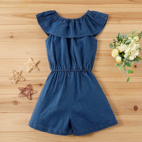 Baby / Toddler Girl Flounced Collar Sleeveless Solid Denim Jumpsuit