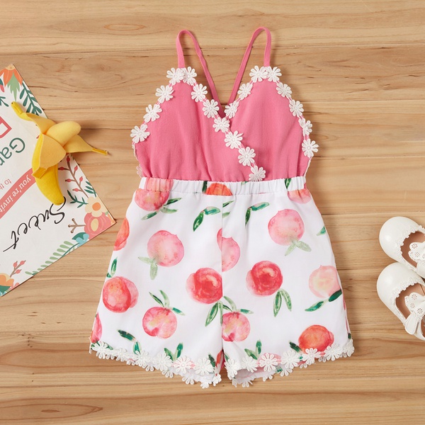 Toddler Girl Adorable Fruit Print Lace Jumpsuit