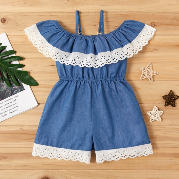 Toddler Girl Pretty Lace Decor Off Shoulder Jumpsuit
