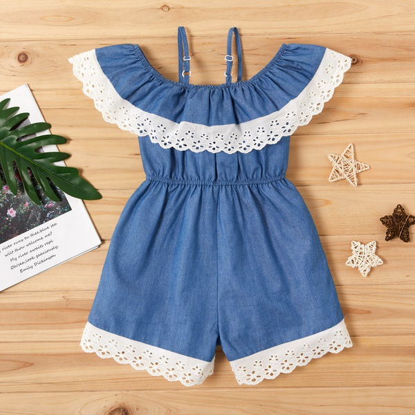 Toddler Girl Pretty Lace Decor Off Shoulder Jumpsuit