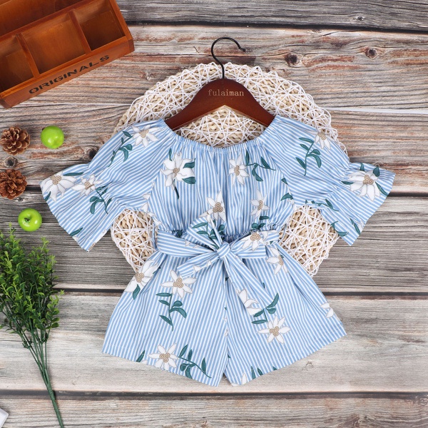 Baby / Toddler Floral Print Striped Off Shoulder Onesies