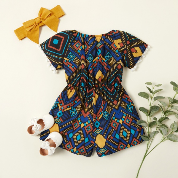 2-piece Toddler Girl Stylish Colorblock Geo Print Jumpsuit and Headband Set