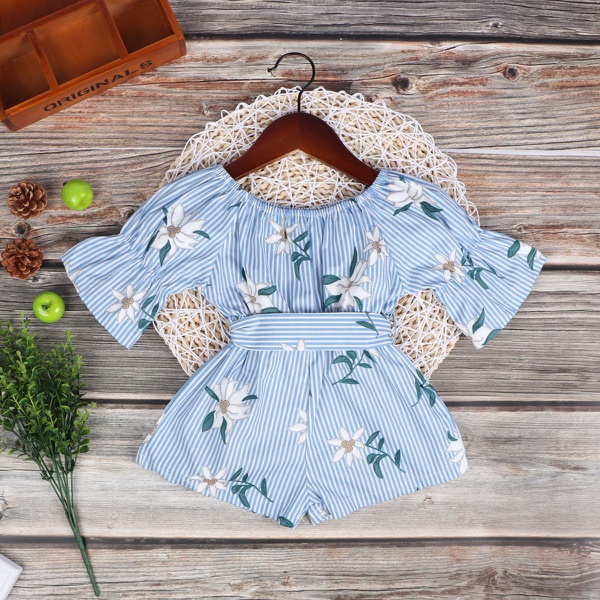 Baby / Toddler Floral Print Striped Off Shoulder Onesies