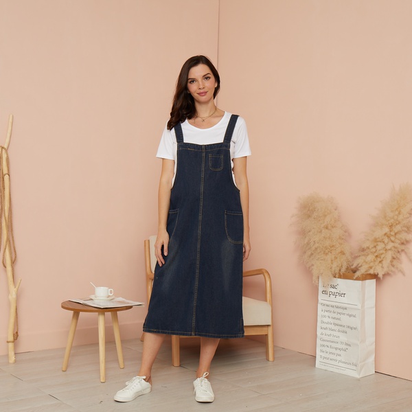 Maternity Cocoon Plain Blue Midi Suspender skirt Sleeveless Strap Dress