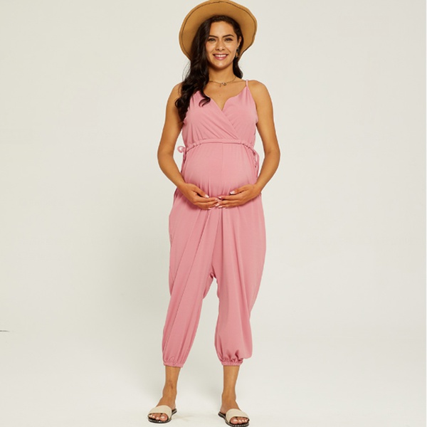 Maternity casual Plain Pink high-waist Jumpsuits