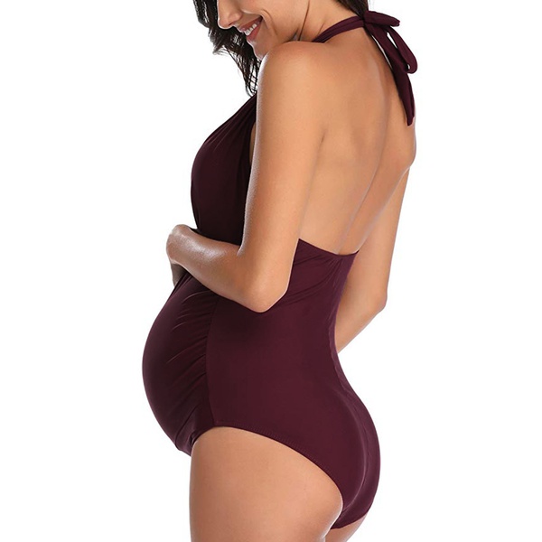 Stylish Solid Halter Maternity One-piece Swimsuit
