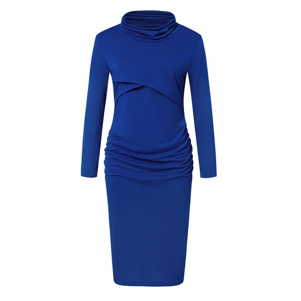 Maternity Pile collar Plain Blue Knee length Slip Long-sleeve Dress