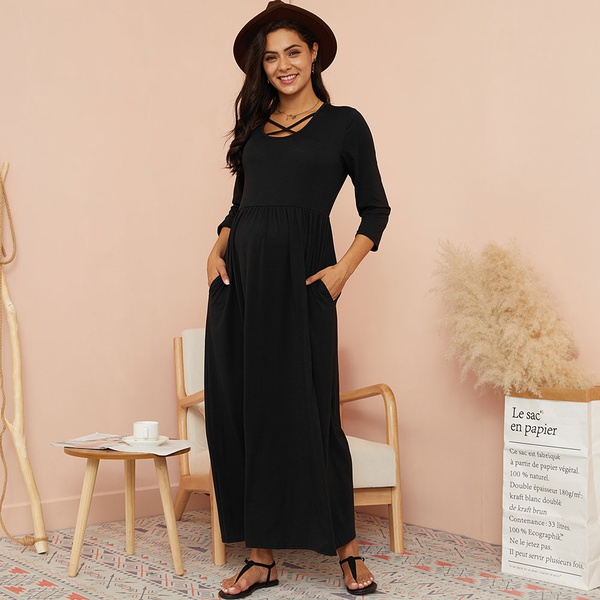 Maternity V-neck Plain Maxi H Long-sleeve Dress