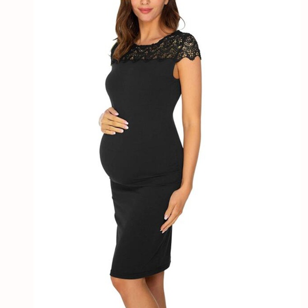 Elegant Lace Maternity Short-sleeve Midi Dress