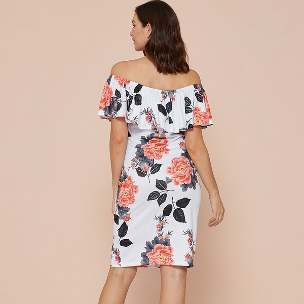 Maternity Boat neck Floral full print White Knee length Sleeveless Dress