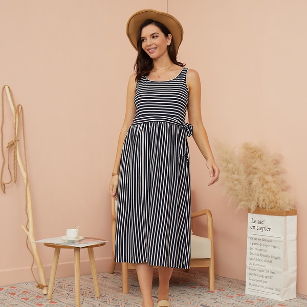 Maternity High collar Stripes Plain Medium length Tunic Sleeveless Dress