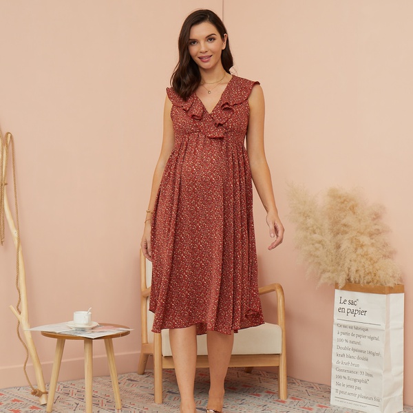Maternity Deep V Neck Floral full print Red Medium length A Sleeveless Dress