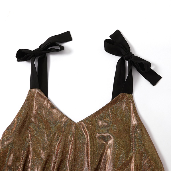 Maternity V-neck Plain Gold Knee length Layered skirt Sleeveless Dress